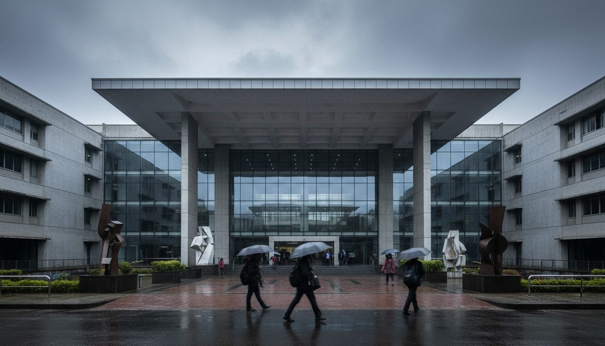 Exterior view of a college entrance in Bengaluru under an overcast sky, reflecting a somber mood after a student's death.