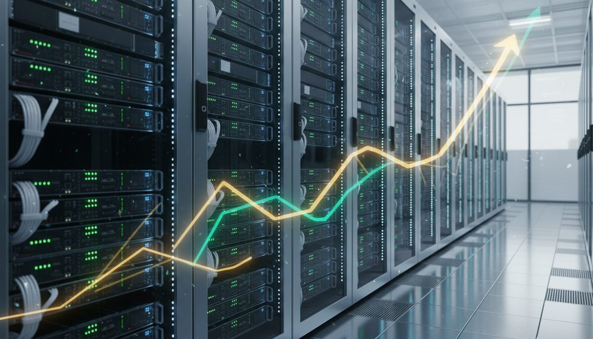 Interior of a modern data center with server racks, symbolizing advanced AI chip technology and rapid company growth.