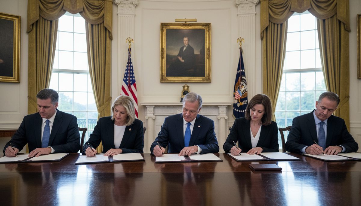 Executives from major AI companies sign a voluntary safety accord at the White House with President Donald Trump.