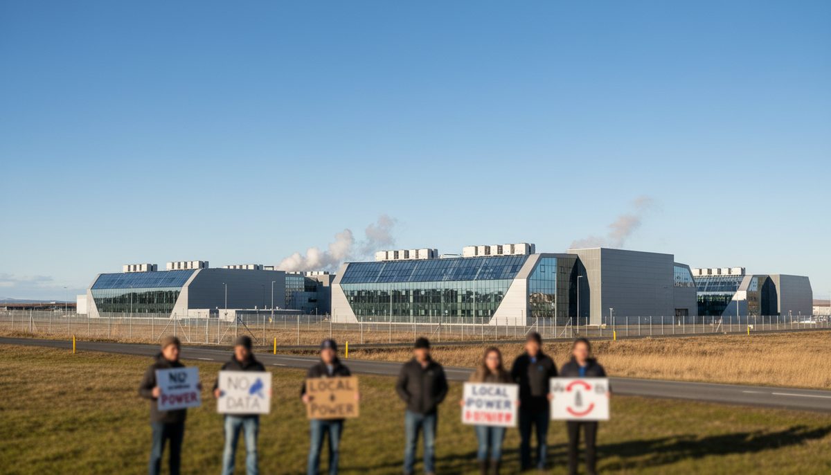Modern data center facility with a group of protestors in the foreground, symbolizing community concerns over expansion.