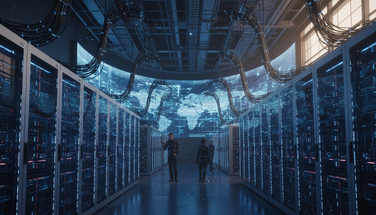 Server racks in a data center with a holographic display of a complex 3D generated world model, symbolizing AI innovation.