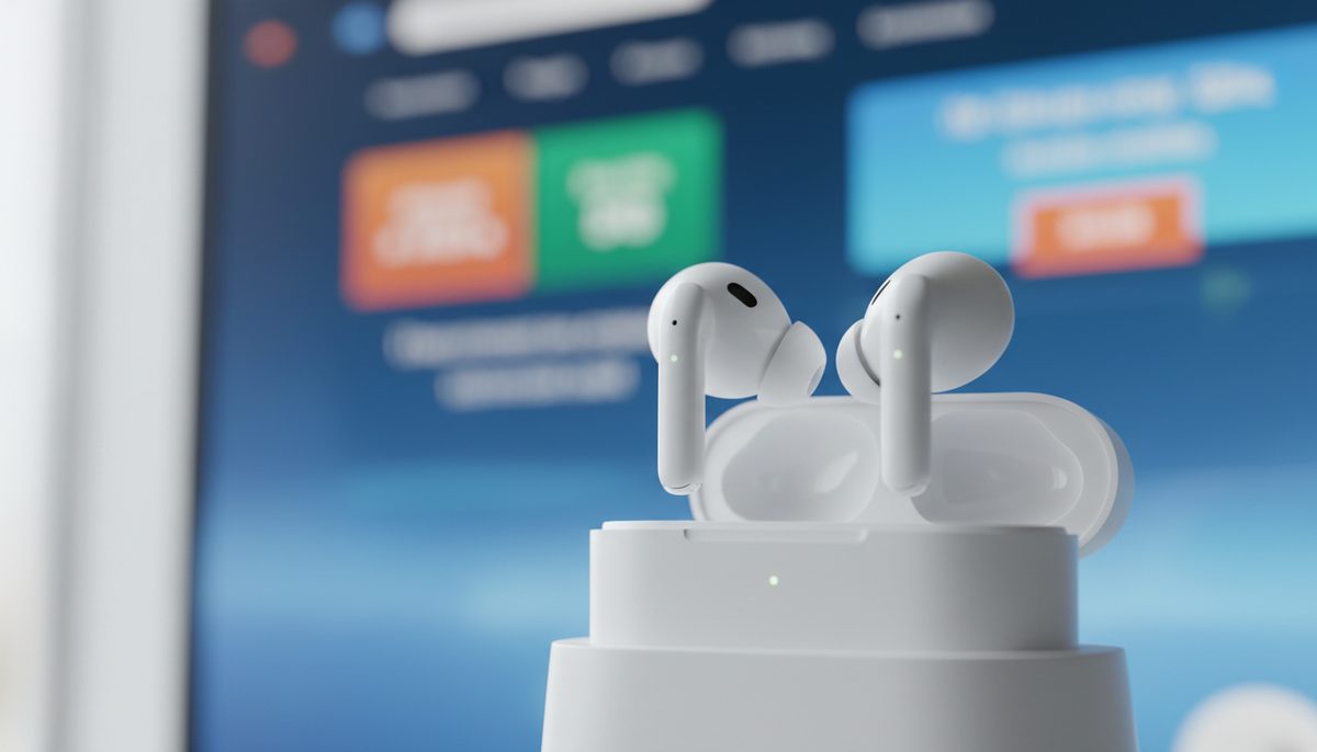 Apple AirPods Pro 3 earbuds on display, symbolizing a significant discount during an online sales event.