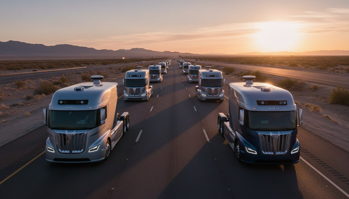 Autonomous semi-trucks with visible sensor technology driving on a highway, symbolizing future logistics.
