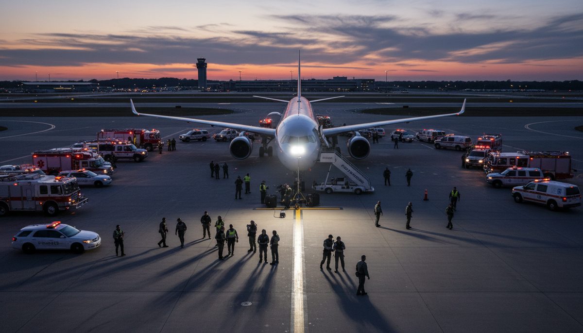 Emergency vehicles surround a commercial airliner on a tarmac, indicating an ongoing investigation at an airport.