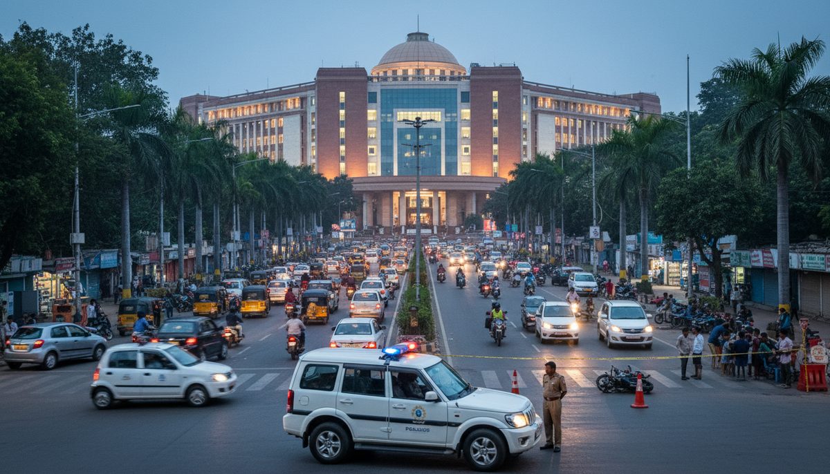 Nagpur street scene with legislative building, police vehicle, and emergency lights.
