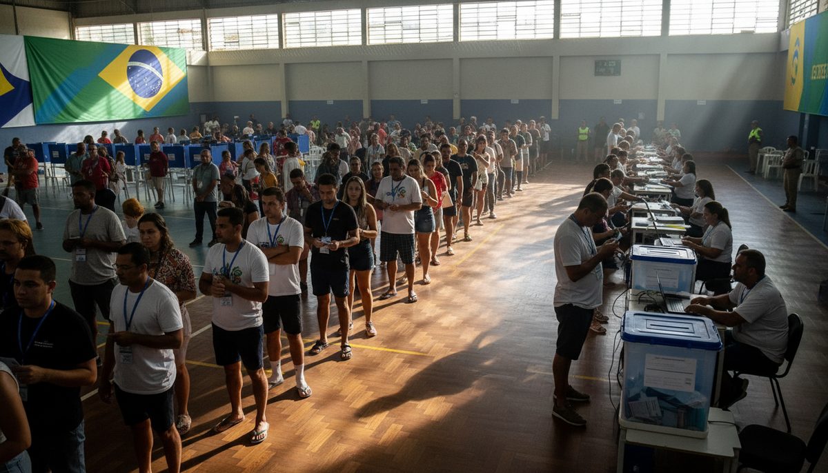 Voters line up inside a busy polling station in Brazil during the first round of the presidential election.