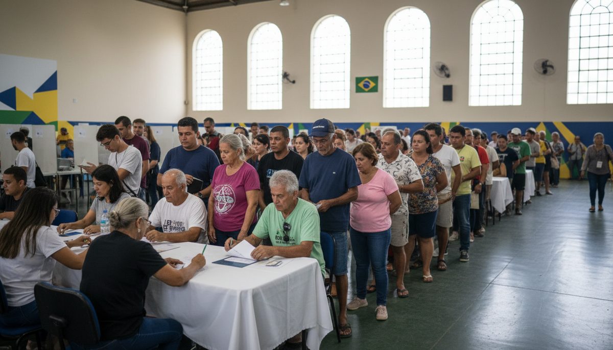 Brazilian citizens casting votes at a polling station during the 2026 presidential election.