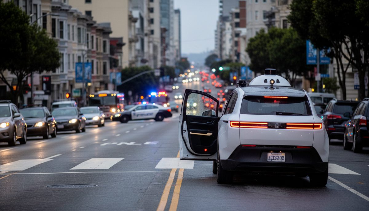 Autonomous robotaxi on a San Francisco street with emergency vehicle lights in the background, illustrating new AV regulations.
