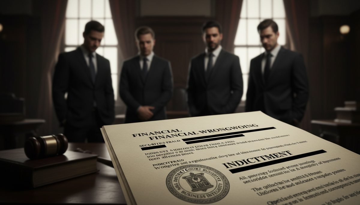 A charge sheet document on a desk, symbolizing a major financial fraud investigation involving a corporation and executives.