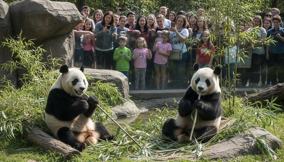 Two giant pandas, Ping Ping and Fu Shuang, eating bamboo in their new enclosure at Zoo Atlanta, Georgia.