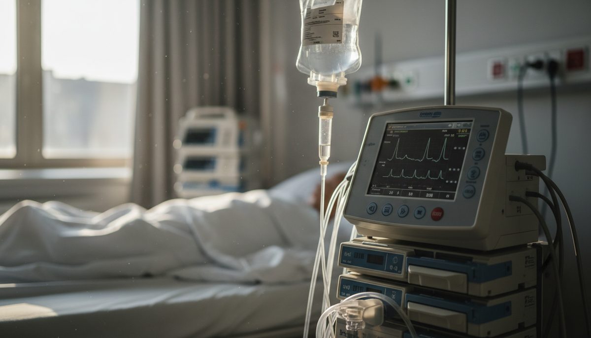 Medical equipment, including an IV drip and ventilator, in a hospital room after a failed execution attempt.