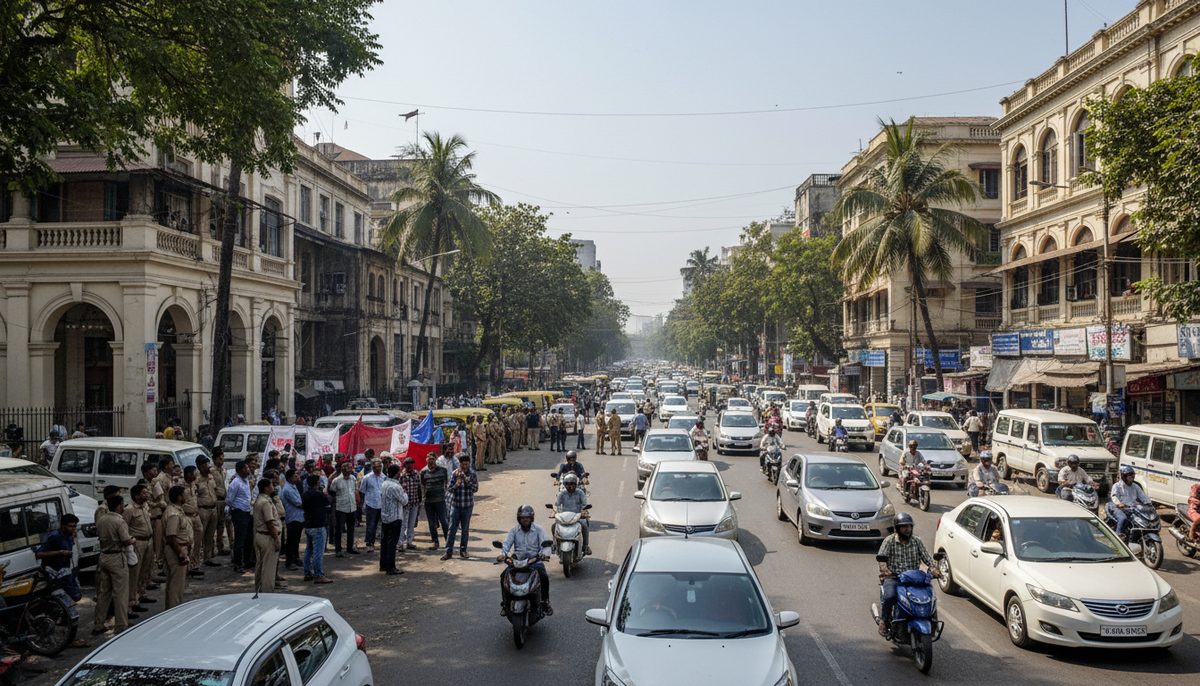 Protestors with banners near Shivaji Park, Mumbai, with police presence, ahead of a planned demonstration.