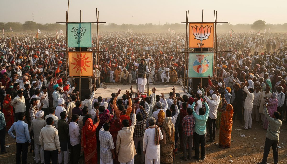 A political rally in Uttar Pradesh with a diverse crowd and party banners, symbolizing new leadership and alliances.