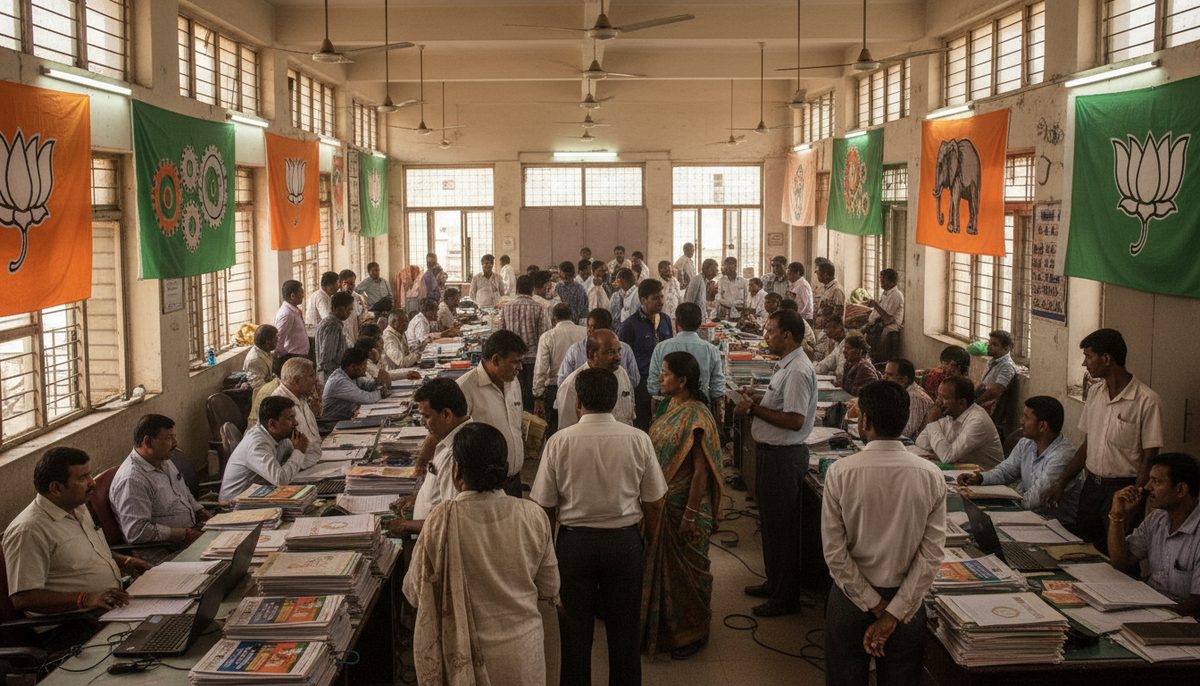 Indian National Congress party office with leaders and workers, banners, and election preparations visible.