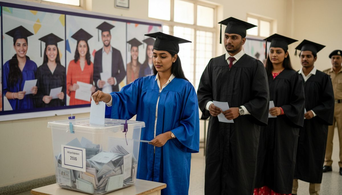 Voters casting ballots at a polling station for the Nagpur Graduates’ Legislative Council election.