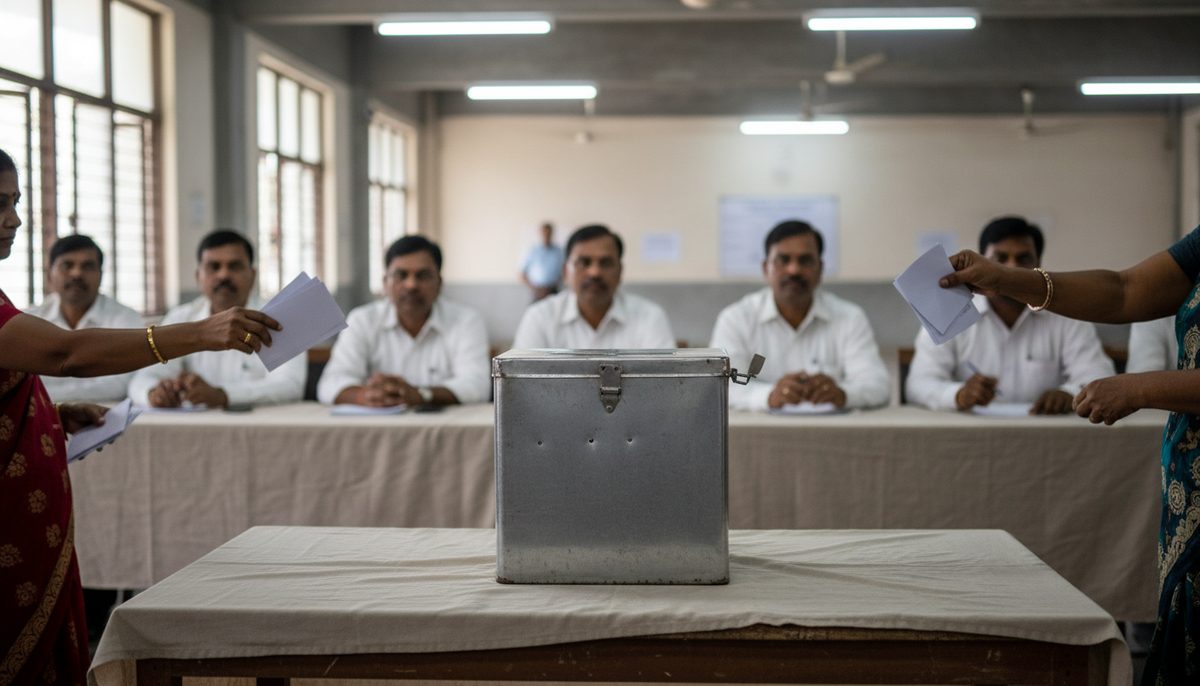 Voters casting ballots at a polling station in Nagpur for the Legislative Council elections.