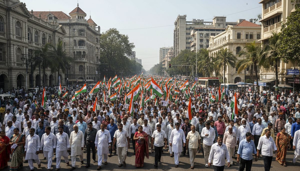 Protesters carrying Indian flags march through a street in Mumbai during a political demonstration against the Election Commission.