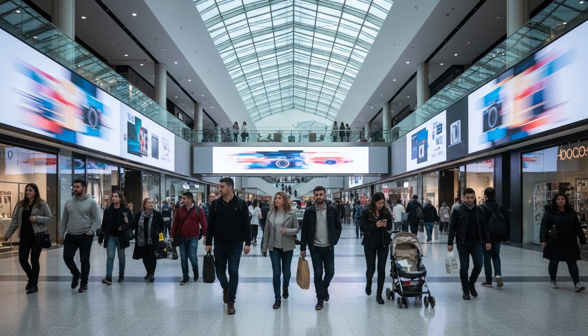 Digital advertisements in a mall displaying promotional offers for Fanatics, Canon, and LG products for October 2026.