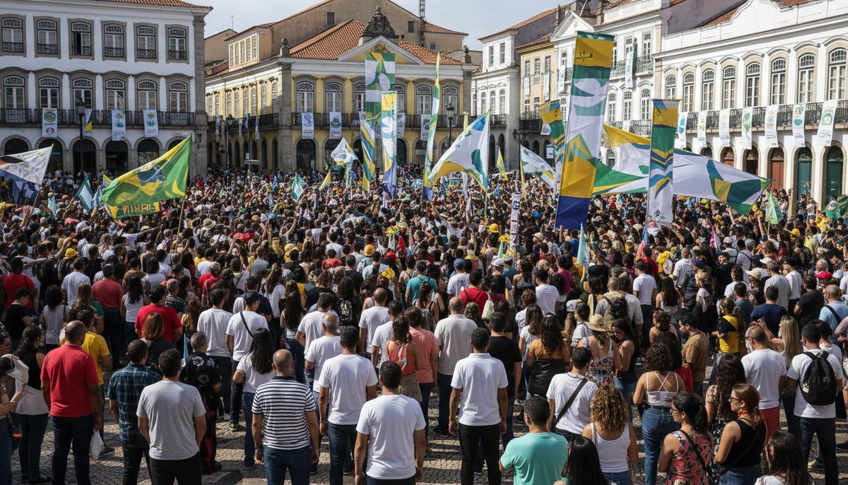 Crowd gathered in a Brazilian public square with election banners, awaiting presidential election results.