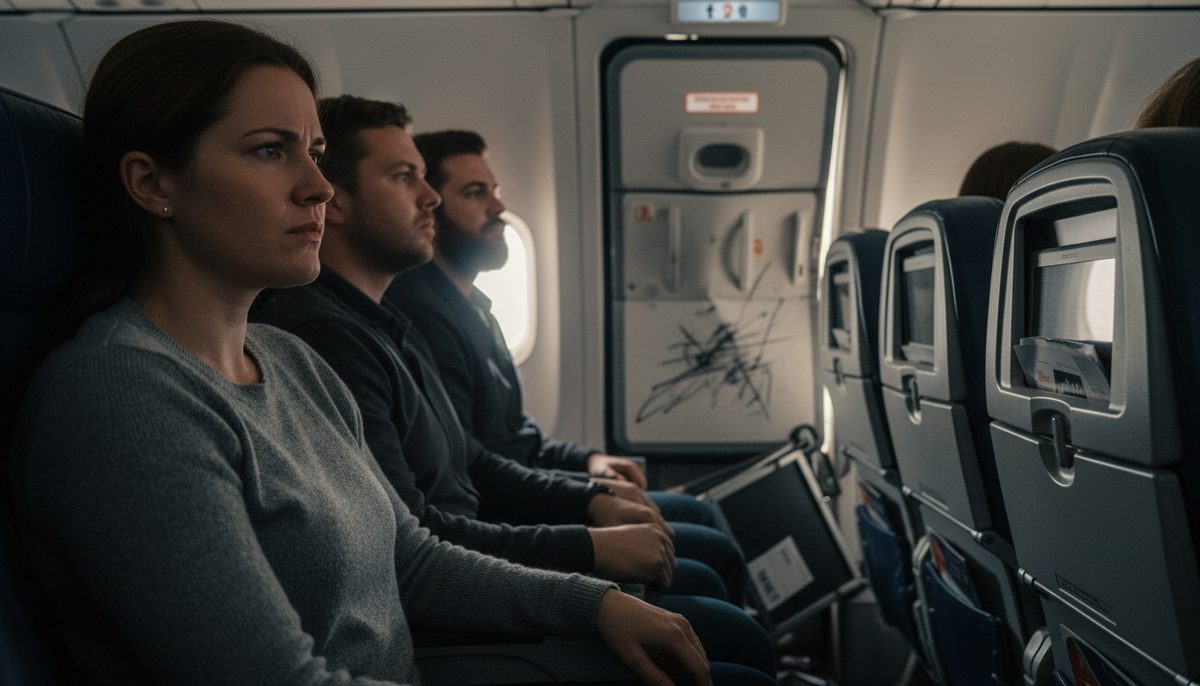 Passengers in a commercial airplane cabin after an in-flight incident, with a blurred cockpit door in the background.