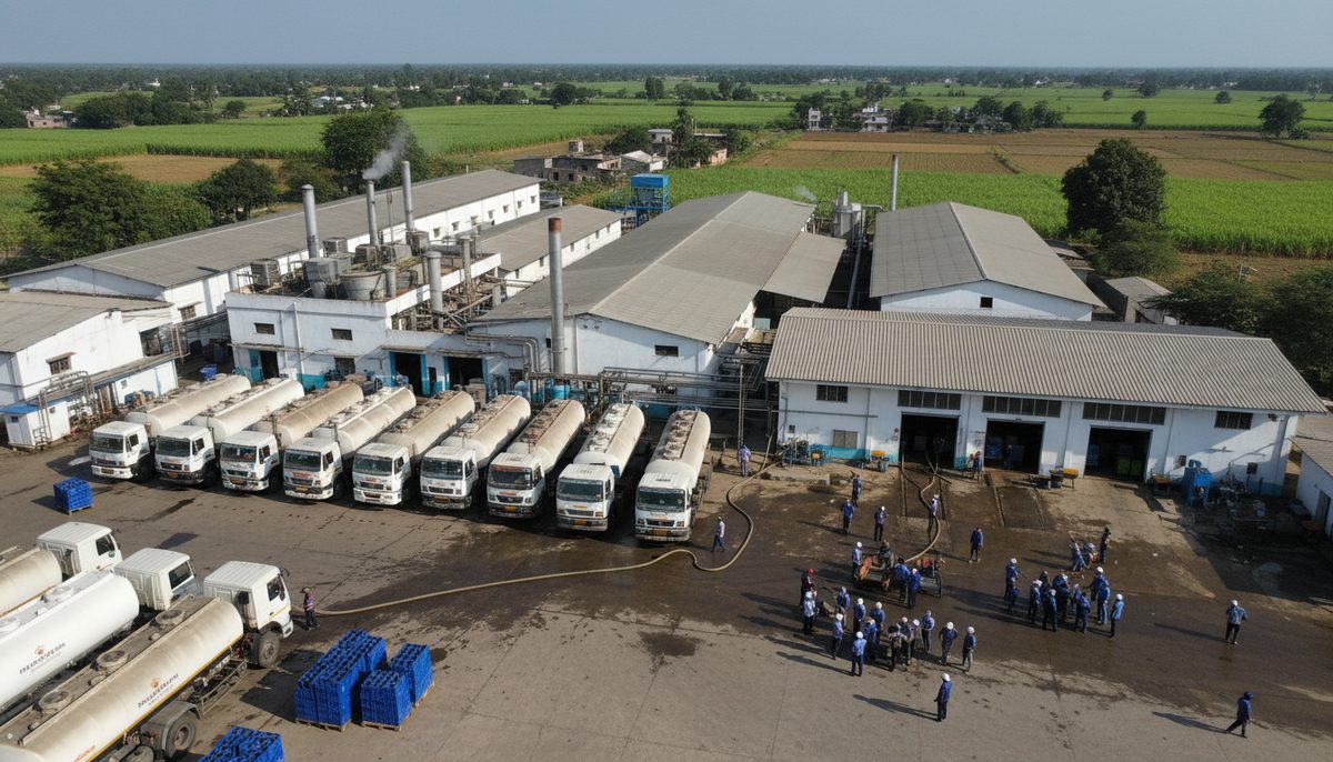 Cooperative dairy plant in Kolhapur, Maharashtra, with milk trucks and workers, symbolizing the local dairy industry.