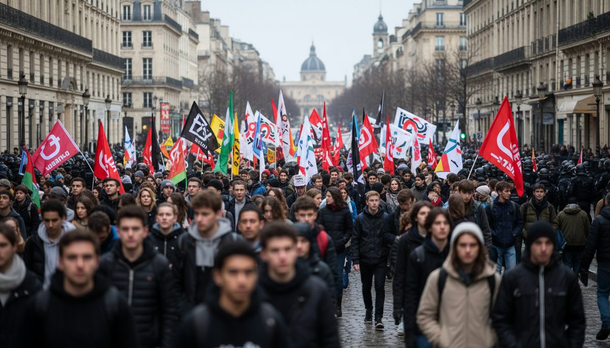 Students and supporters march in a French city during nationwide protests for education investment, with police in the distance.