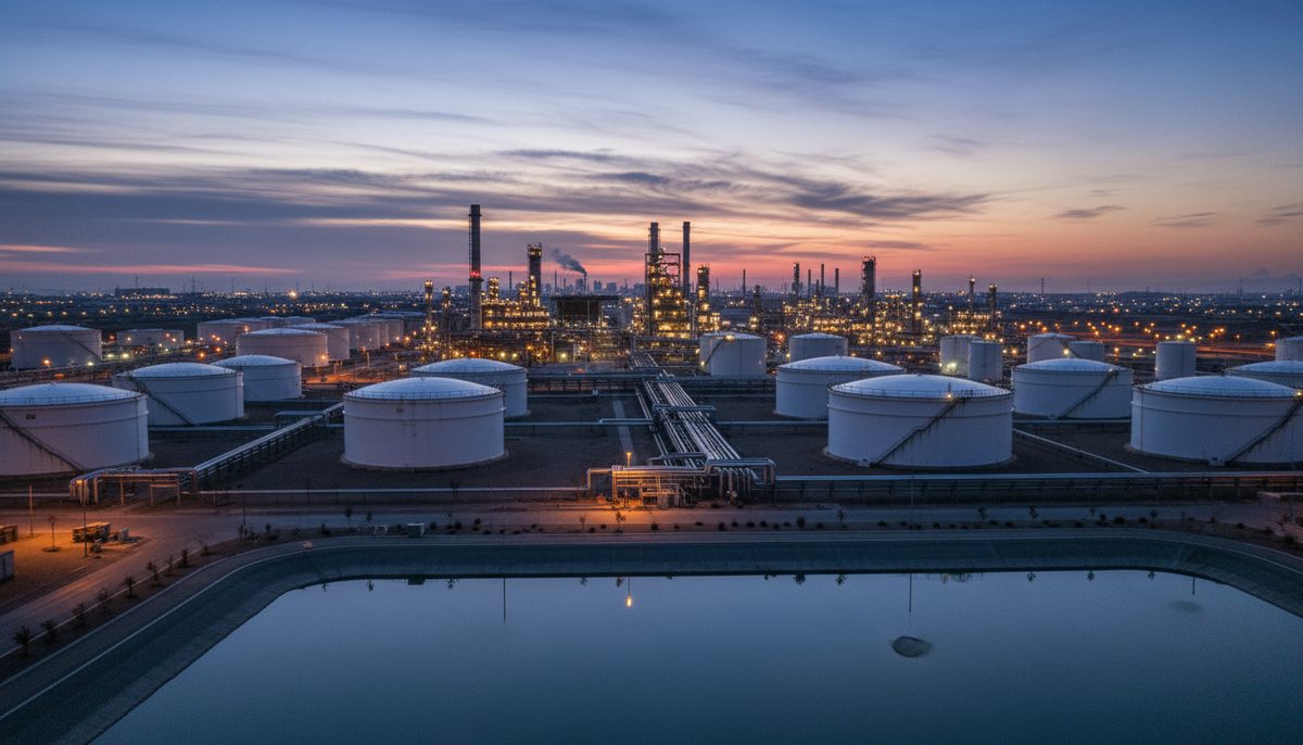 Oil refinery storage tanks and pipelines under a twilight sky, symbolizing global energy reserves.