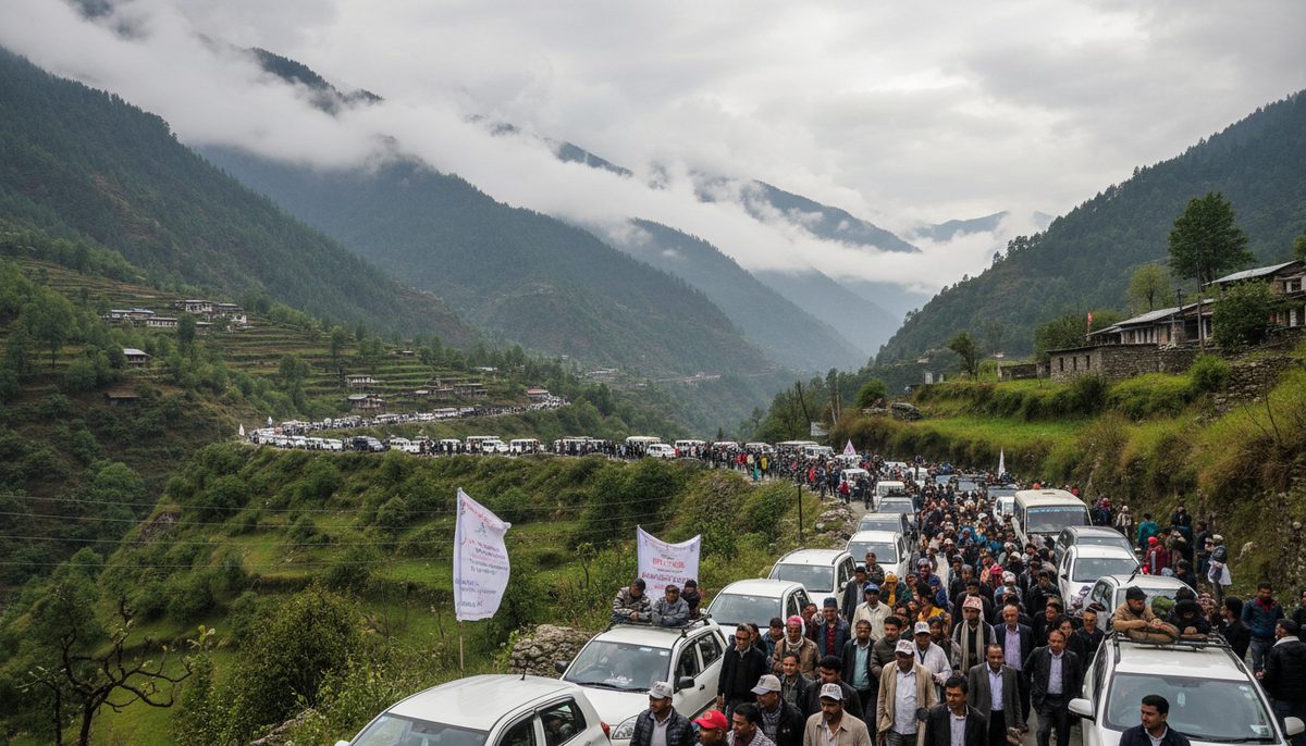 A political yatra with many vehicles and people moving through the mountainous terrain of Uttarakhand under cloudy skies.