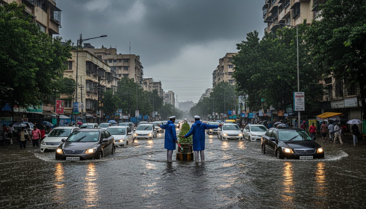 Cars navigate a heavily waterlogged street in Mumbai's western suburbs during a heavy rainstorm, with traffic police managing the situation.