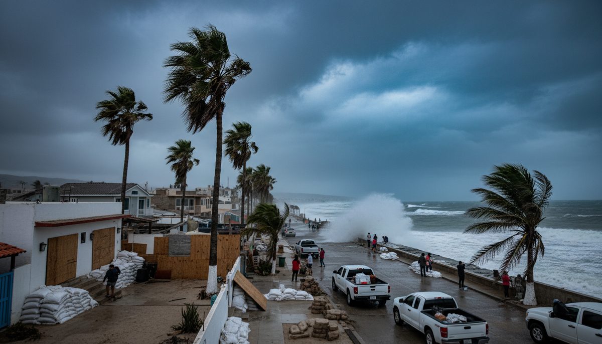 Residents prepare for Hurricane Polo in a coastal town in Baja California, Mexico, with boarded-up windows and stormy skies.