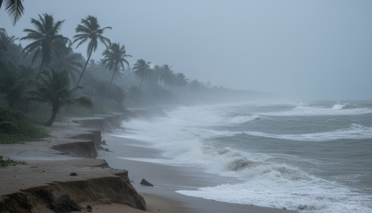 Heavy rain and strong winds battering an Indian coastline, with turbulent waves and dark, stormy skies.