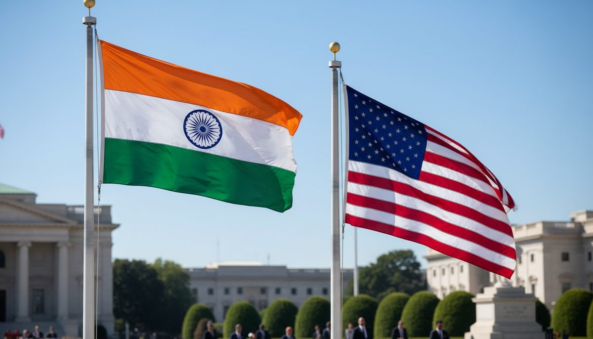 Indian and U.S. flags flying together, symbolizing diplomatic relations amidst discussions on sanctions and trade.