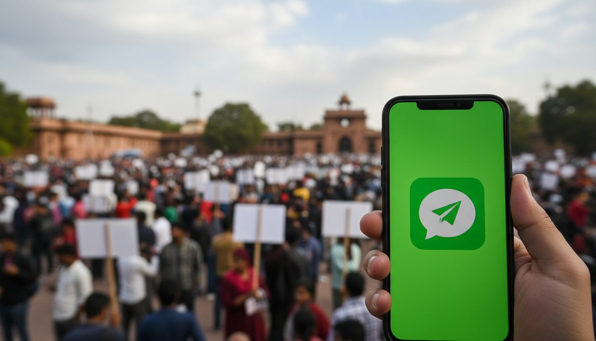 Smartphone showing a messaging app icon, with blurred background of protesters in an Indian city square.