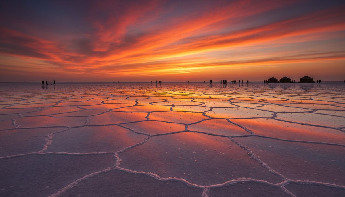 Vast salt flats of the White Rann of Kutch reflecting a colorful sunset sky, with distant silhouettes.