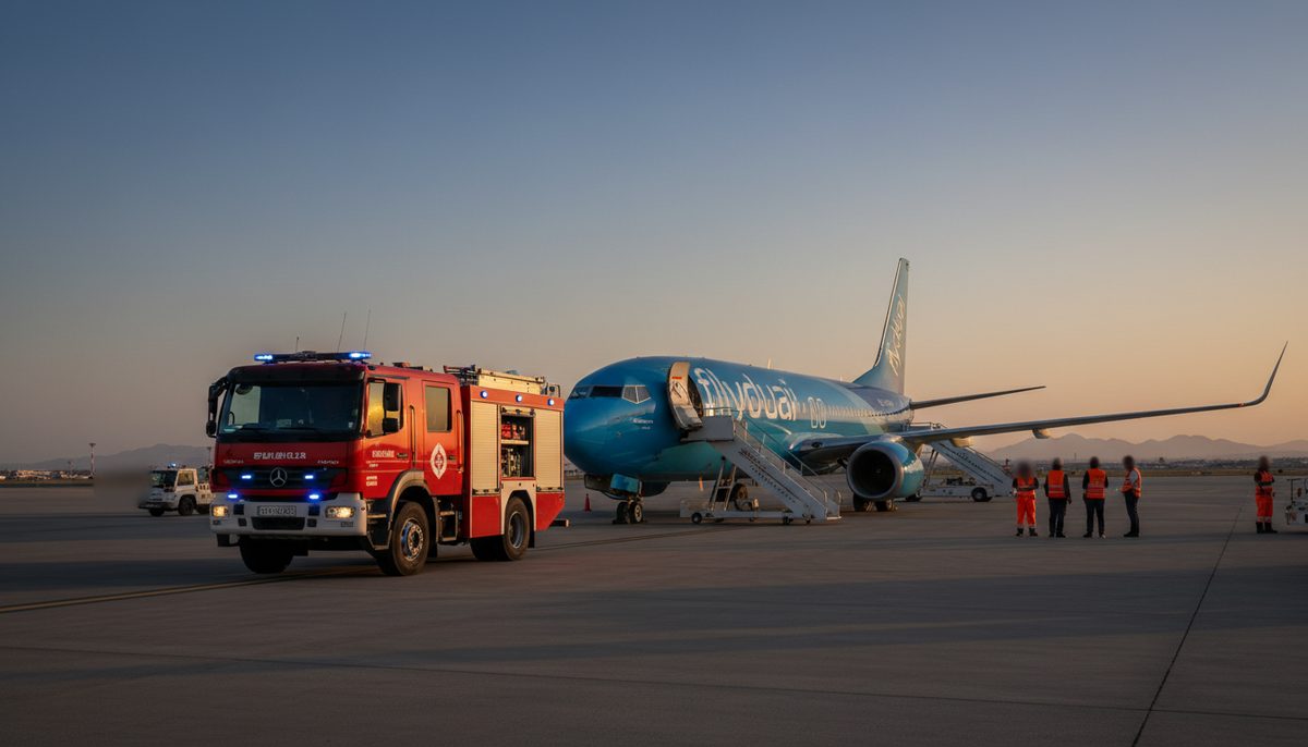Emergency vehicle near a flydubai plane on the tarmac at Tabuk Airport after a flight diversion.
