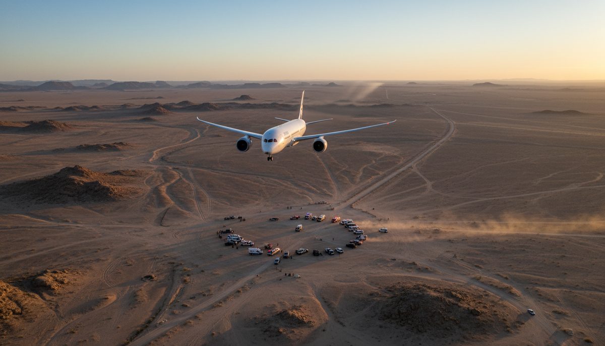 Commercial airplane flying over desert landscape, symbolizing an averted aviation disaster and the pilot's heroism.