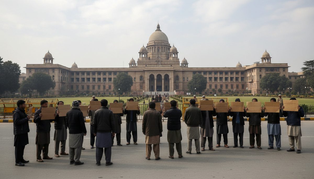 Protestors outside the Jammu and Kashmir Legislative Assembly building following a controversial statehood resolution.