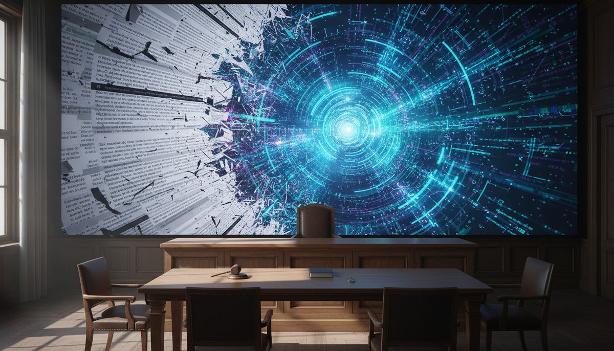 A judge's bench in a courtroom with abstract digital data streams in the background, representing the legal challenge to AI search.