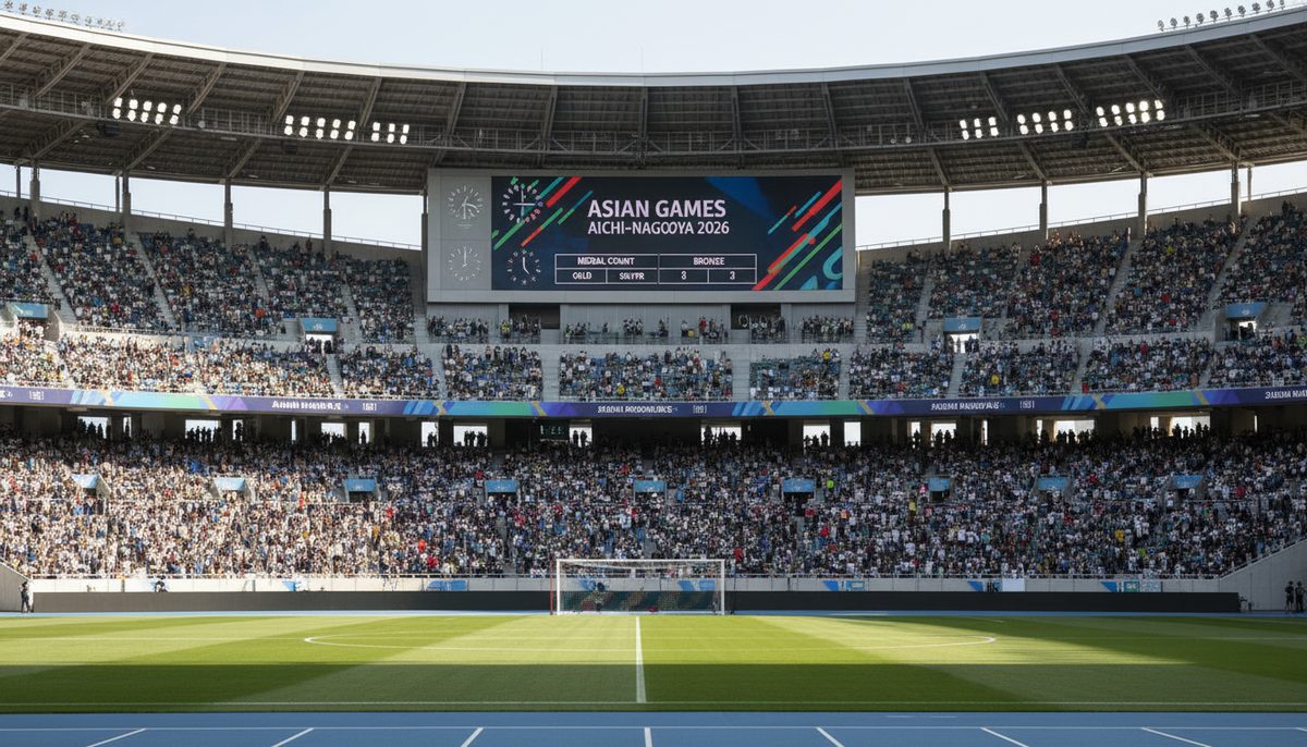 A modern stadium in Aichi-Nagoya, Japan, during the 2026 Asian Games, with a scoreboard showing results.