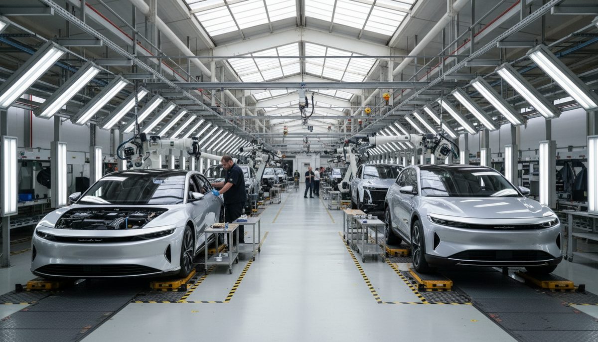 Lucid Motors electric vehicle assembly line showing reduced activity, reflecting lower production numbers.