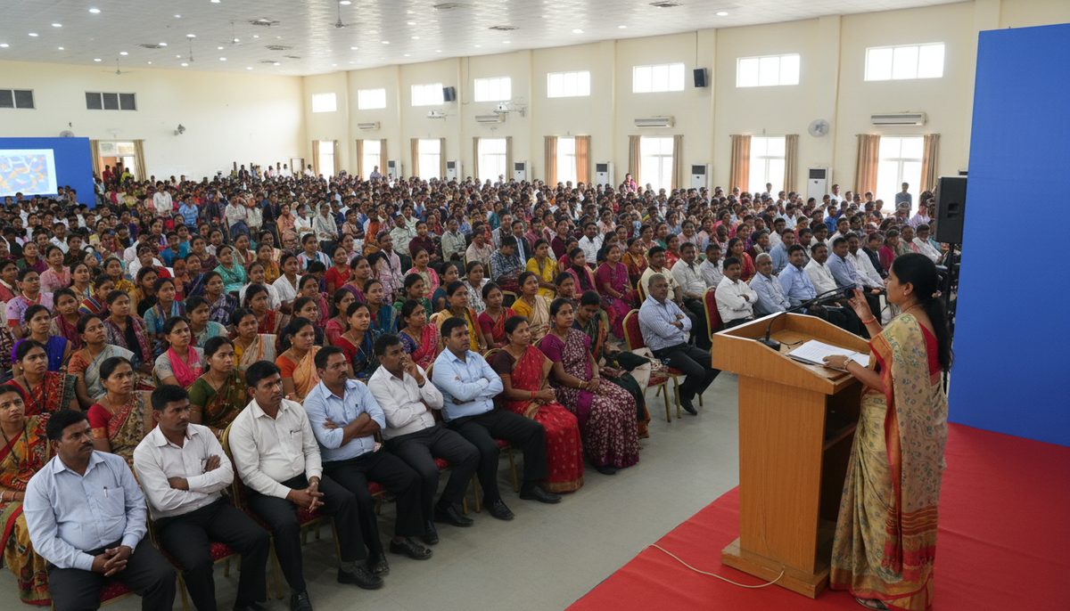 Attendees listen to a speaker at a state-level convention for tribal ashram schools in a large conference hall.