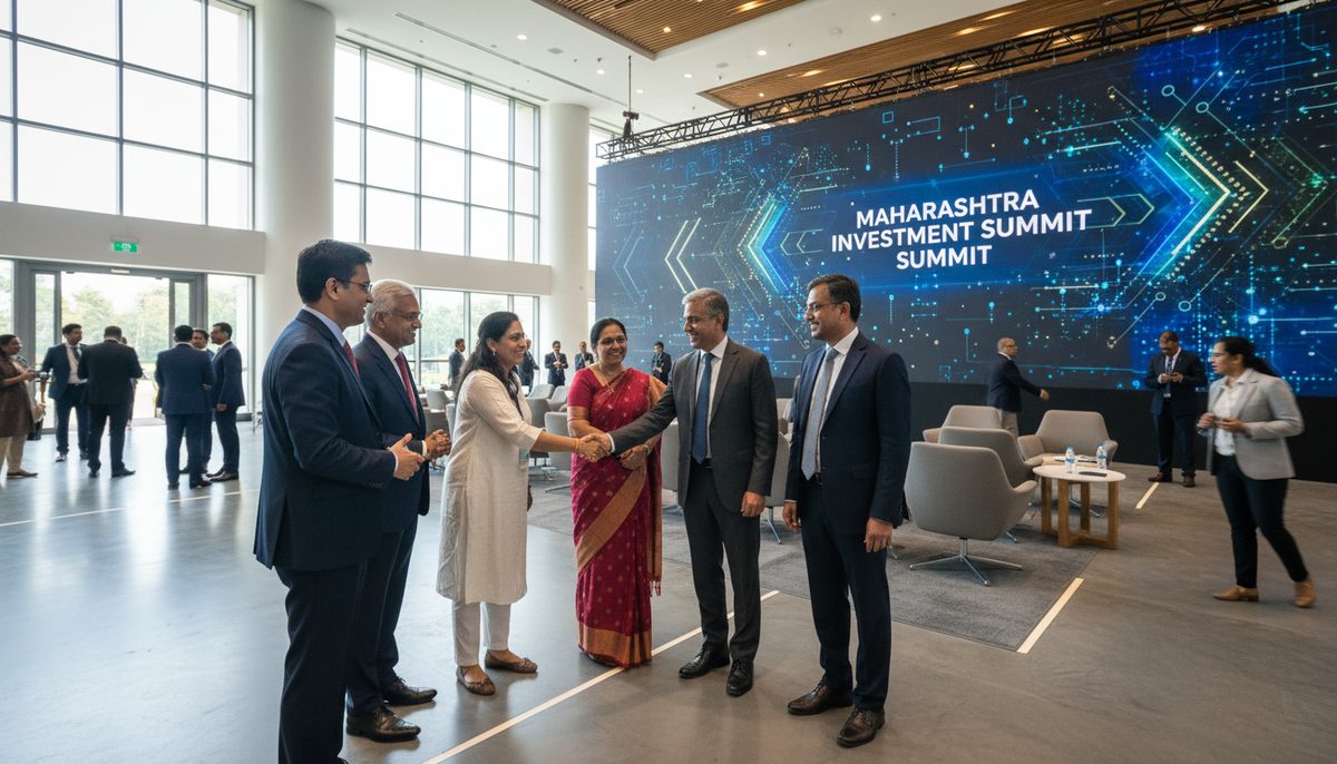 Business leaders at the Maharashtra Investment Summit, with screens showing investment figures and job creation projections.