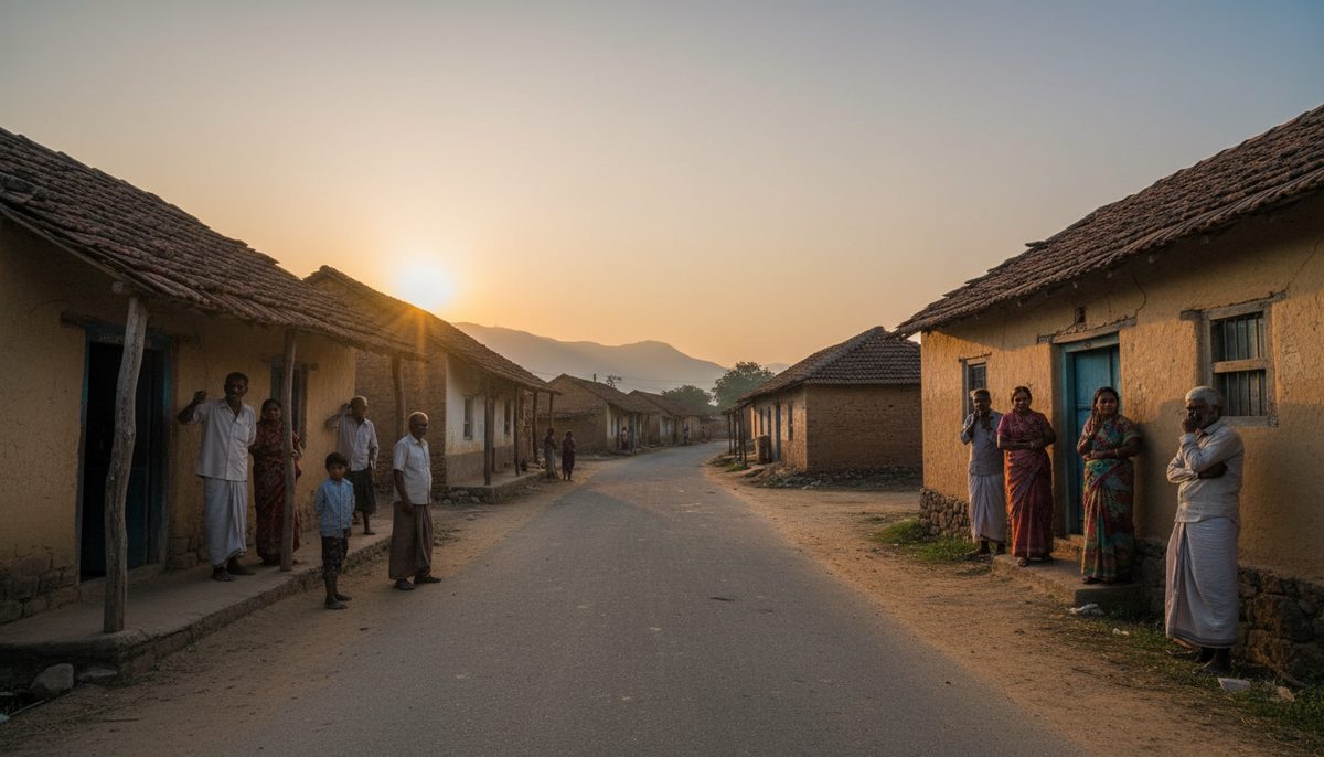 Residents of a village in Maharashtra stand outside their homes after experiencing tremors, with no visible damage.