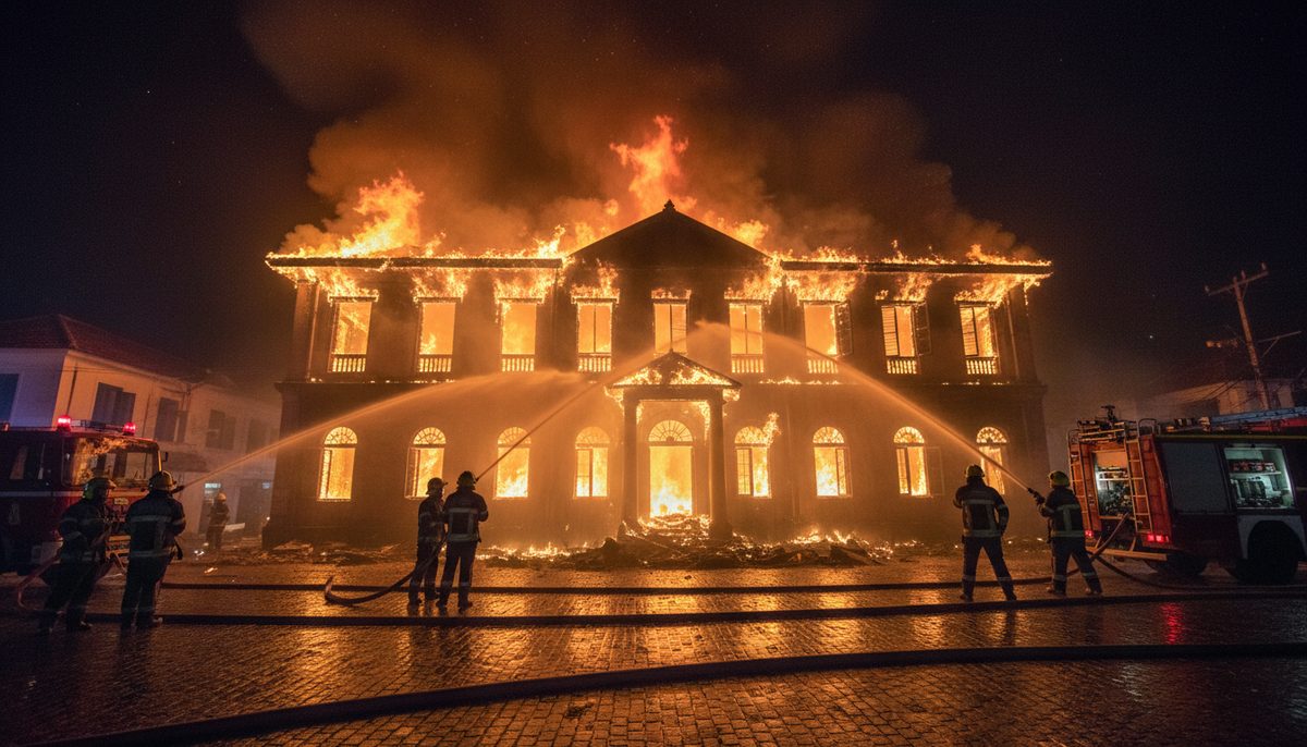 Historic Koder House in Fort Kochi engulfed in flames at night, with firefighters working to extinguish the blaze.