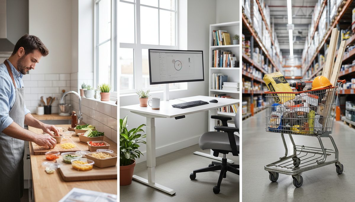 Promotional offers from Blue Apron, Uplift, and Home Depot for meal kits, home office furniture, and home goods.