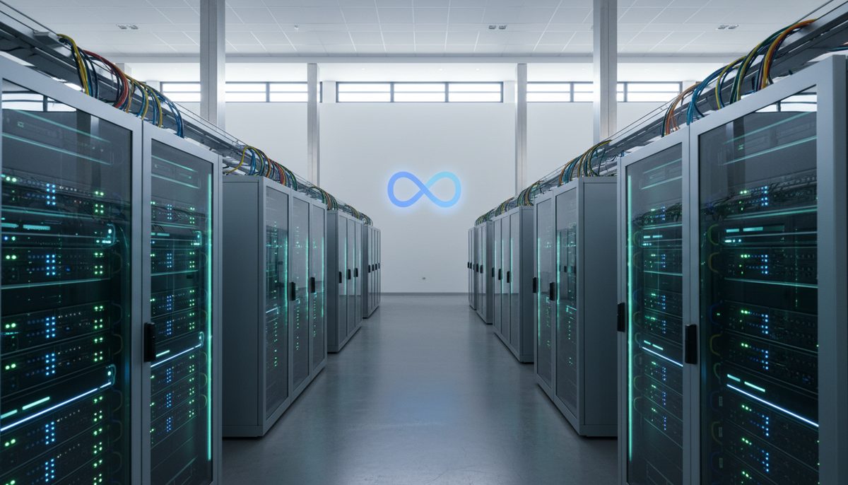 Data center with servers and a subtle Meta logo, representing the launch of Meta's enterprise AI platform.