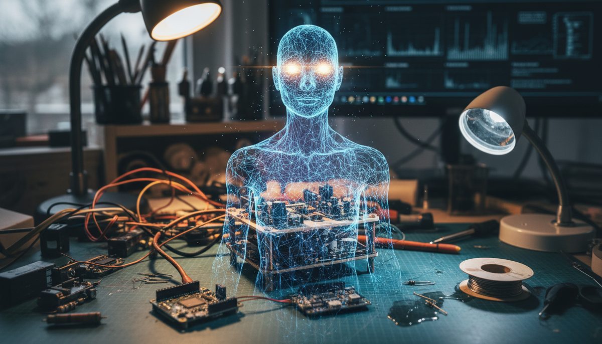 Workbench with electronic components, circuit boards, and a holographic AI agent, symbolizing custom hardware development.