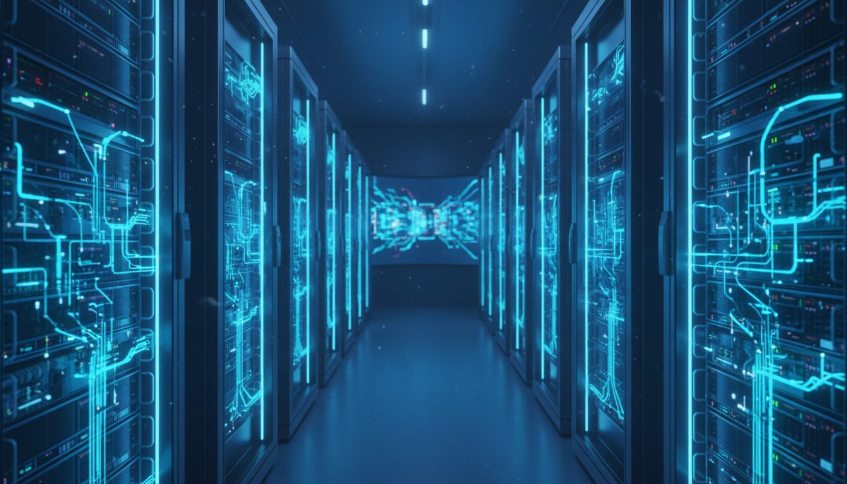 A brightly lit server room with rows of advanced computing equipment, symbolizing the infrastructure for AI inference services.