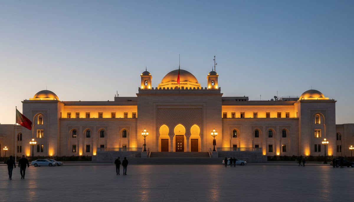 Moroccan parliament building in Rabat at dusk, symbolizing the country's political landscape.