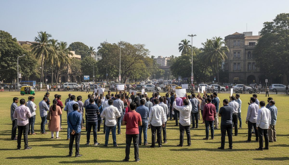 A crowd of protesters gathered in a public park in Mumbai, with vehicles in the background indicating traffic disruption.